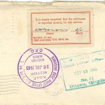 Envelope of a letter sent by Mrs. Fannie Lennox to her son John Watt Lennox, stationed overseas as a fighter pilot. The letter was dated May 3, 1943. On the night of May 4/5, 1943 during his seventh sortie in a Halifax bomber with other allied bombers targeting Dortmund in the Ruhr valley, Lennox and his crew were shot down along the German-Dutch border. John Lennox and his air gunner, Bernard Moody were killed, but the remaining crew survived. Lennox was one month short of his twenty-third birthday.