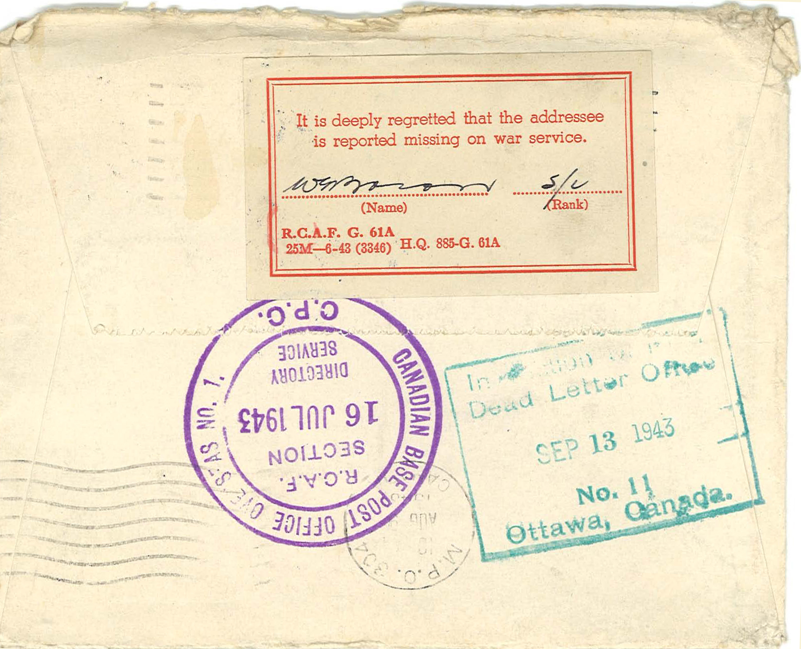 Envelope of a letter sent by Mrs. Fannie Lennox to her son John Watt Lennox, stationed overseas as a fighter pilot. The letter was dated May 3, 1943. On the night of May 4/5, 1943 during his seventh sortie in a Halifax bomber with other allied bombers targeting Dortmund in the Ruhr valley, Lennox and his crew were shot down along the German-Dutch border. John Lennox and his air gunner, Bernard Moody were killed, but the remaining crew survived. Lennox was one month short of his twenty-third birthday.