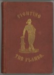 Stamped illustration of William Orme McRobie's memoir "Fighting the Flames", featuring a firefighter leaning on a fire hydrant, call number 12425.