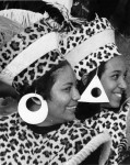 Two mas camp dancers wearing leopard print costumes headdresses at Caribana on Centre Island, 1967. Photographer: Bruce Reed, image no.ASC06129.