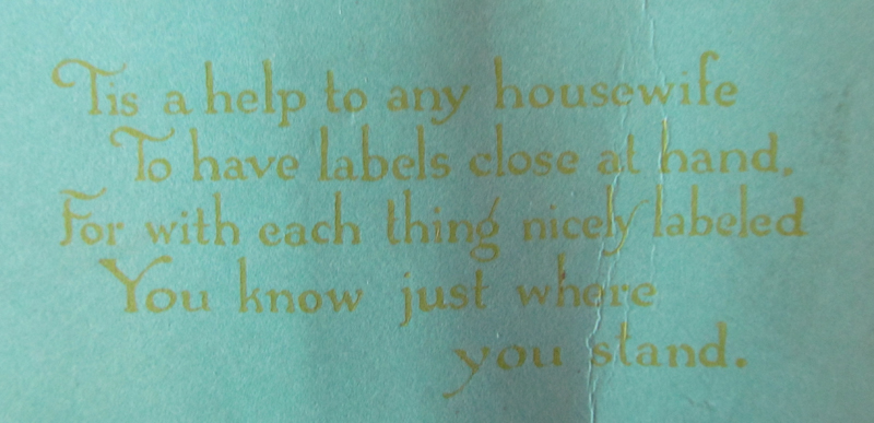 Inscription on novelty gift for housewives from Mrs. Gutgesell's Christmas novelty gift book. It reads: 'Tis a help to any housewife | To have labels close at hand. | For with each thing nicely labeled | You know just where you stand."