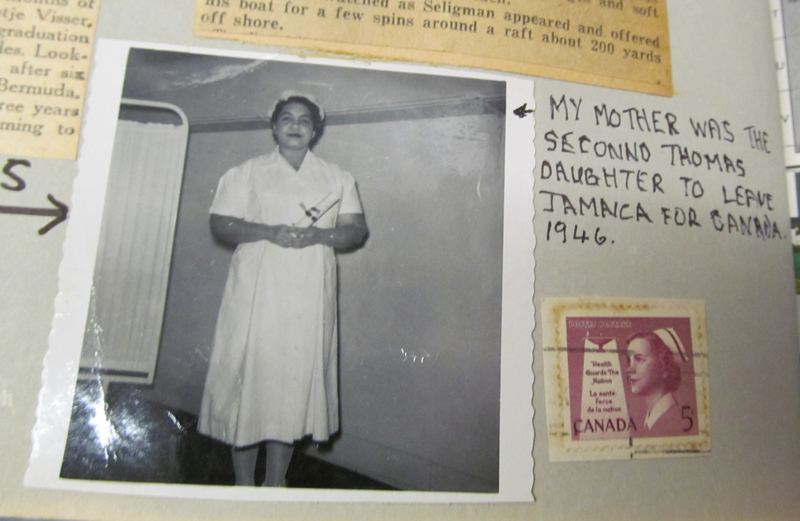 Portrait of Gerald Archambeau's mother Phyllis, a registered nurse, standing in her uniform, holding a certificate wrapped in ribbon. Caption by Archambeau reads: "MY MOTHER WAS THE SECOND THOMAS DAUGHTER TO LEAVE JAMAICA FOR CANADA. 1946." There is a 5 cent stamp pasted to the right of the photograph featuring a nurse and the motto "Health Guards A Nation | La sante: force de la nation."