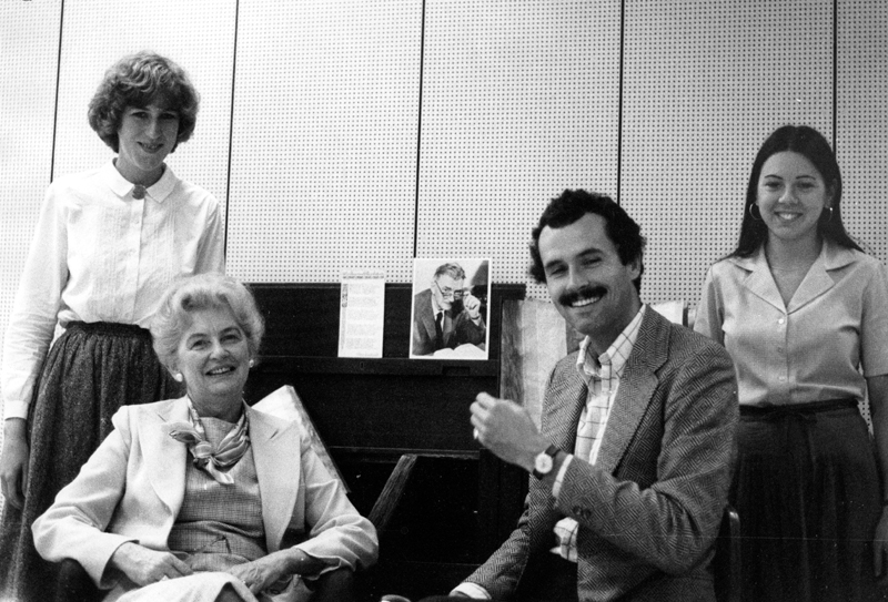 Image of Clara Thomas and John Lennox with their research assistants following their work on "William Arthur Deacon: a Canadian literary Life", [ca. 1982?]. Clara Thomas fonds, F0432, image no. ASC01714.