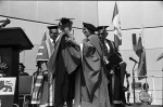 Image of Prof. Clara Thomas (left) and honorary degree recipient, author Margaret Laurence (right), June 1980. Computing & Network Services fonds, F0477, image no. ASC04595.